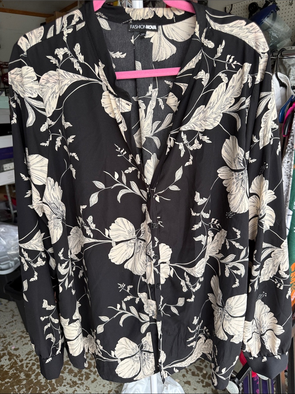 Fashion Nova Black and Cream Floral Button-Down Shirt